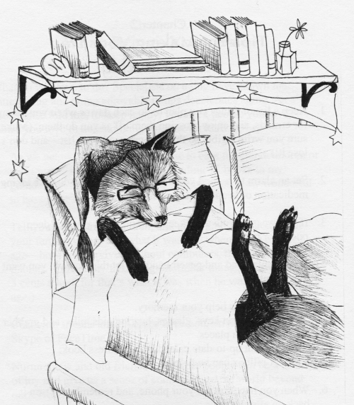 cartoon drawing of fox sleeping in a bed